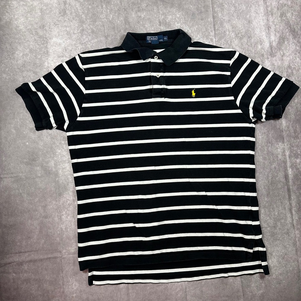 Vintage Polo Ralph Lauren Striped Polo Shirt Men XL Black White Cotton Pique 90s